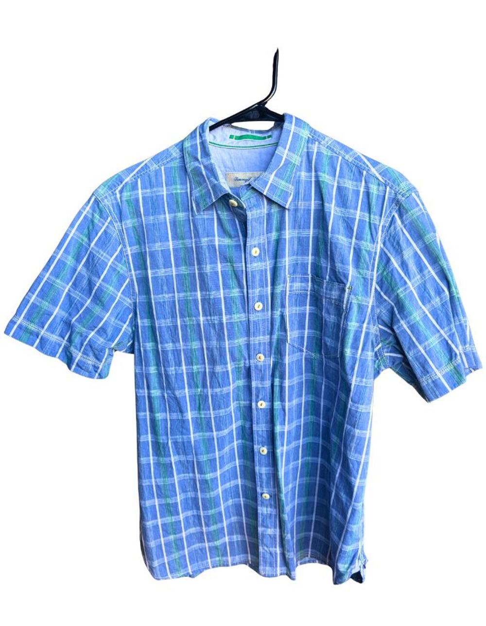Tommy Bahama Medium shirt featuring a classic blue and green plaid pattern.